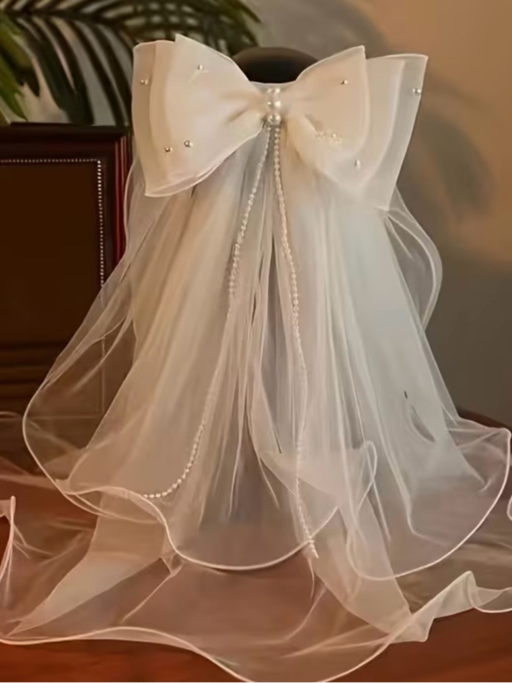 Ivory Bridal Bow Veil with Pearl Accents